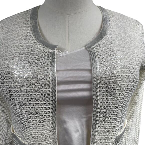 Koko + Mason Knit Cardigan Sweater L Blazer Ivory Silver Pockets Coquette Luxury - Picture 2 of 10